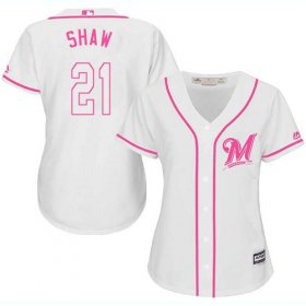 Wholesale Cheap Brewers #21 Travis Shaw White/Pink Fashion Women\'s Stitched MLB Jersey