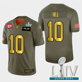 Wholesale Cheap Kansas City Chiefs #10 Tyreek Hill Men\'s Nike Olive Gold Super Bowl LIV 2020 2019 Salute to Service Limited NFL 100 Jersey