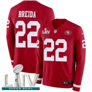 Wholesale Cheap Nike 49ers #22 Matt Breida Red Super Bowl LIV 2020 Team Color Youth Stitched NFL Limited Therma Long Sleeve Jersey