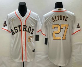 Cheap Men\'s Houston Astros #27 Jose Altuve Number 2023 White Gold World Serise Champions Patch Cool Base Stitched Jerseys