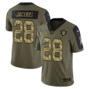 Wholesale Cheap Men's Olive Las Vegas Raiders #28 Josh Jacobs 2021 Camo Salute To Service Limited Stitched Jersey