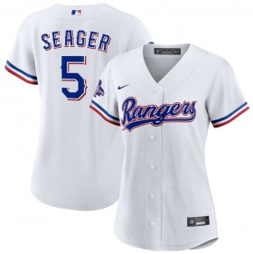 Women\'s Texas Rangers #5 Corey Seager White 2023 World Series Champions Stitched Baseball Jersey(Run Small)