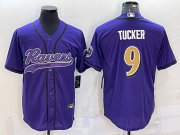 Wholesale Cheap Men's Baltimore Ravens #9 Justin Tucker Purple Gold With Patch Cool Base Stitched Baseball Jersey
