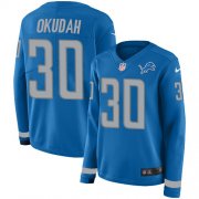 Wholesale Cheap Nike Lions #30 Jeff Okudah Blue Team Color Women's Stitched NFL Limited Therma Long Sleeve Jersey
