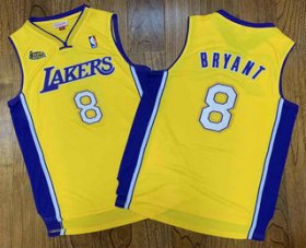 Wholesale Cheap Men\'s Los Angeles Lakers #8 Kobe Bryant Yellow Champion Patch 1999-2000 Hardwood Classics Soul Swingman Throwback Jersey