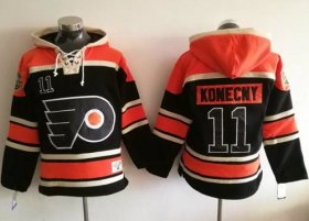 Wholesale Cheap Flyers #11 Travis Konecny Black Sawyer Hooded Sweatshirt Stitched NHL Jersey