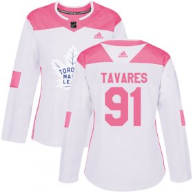 Wholesale Cheap Adidas Maple Leafs #91 John Tavares White/Pink Authentic Fashion Women\'s Stitched NHL Jersey