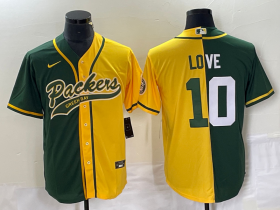 Wholesale Cheap Men\'s Green Bay Packers #10 Jordan Love Green Yellow Split With Patch Cool Base Stitched Baseball Jersey