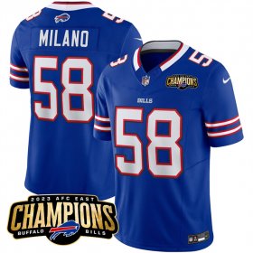 Cheap Men\'s Buffalo Bills #58 Matt Milano Blue 2023 F.U.S.E. AFC East Champions Ptach Football Stitched Jersey