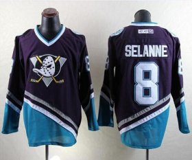 Wholesale Cheap Ducks #8 Teemu Selanne Purple/Turquoise CCM Throwback Stitched NHL Jersey
