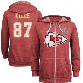 Wholesale Cheap Women\'s Kansas City Chiefs #87 Travis Kelce NFL Red Super Bowl LIV Bound Player Name & Number Full-Zip Hoodie