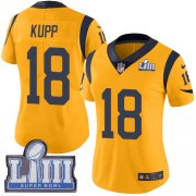 Wholesale Cheap Nike Rams #18 Cooper Kupp Gold Super Bowl LIII Bound Women's Stitched NFL Limited Rush Jersey