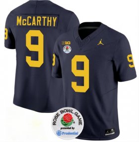 Cheap Men\'s Michigan Wolverines #9 J.J. McCarthy 2023 F.U.S.E. Navy Blue Rose Bowl Patch Stitched Jersey