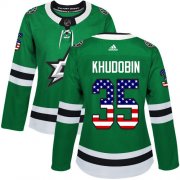Cheap Adidas Stars #35 Anton Khudobin Green Home Authentic USA Flag Women's Stitched NHL Jersey