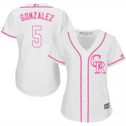 Wholesale Cheap Rockies #5 Carlos Gonzalez White/Pink Fashion Women's Stitched MLB Jersey