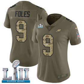 Wholesale Cheap Nike Eagles #9 Nick Foles Olive/Camo Super Bowl LII Women\'s Stitched NFL Limited 2017 Salute to Service Jersey