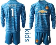 Wholesale Cheap Manchester United #1 De Gea Light Blue Goalkeeper Long Sleeves Kid Soccer Club Jersey