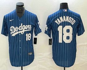 Cheap Men\'s Los Angeles Dodgers #18 Yoshinobu Yamamoto Number Blue Pinstripe Cool Base Stitched Baseball Jersey