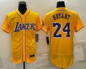 Cheap Men\'s Los Angeles Lakers #24 Kobe Bryant Yellow Stitched Flex Base Nike Baseball Jersey
