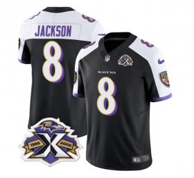 Wholesale Cheap Men\'s Baltimore Ravens #8 Lamar Jackson Black White 2023 F.U.S.E With Patch Throwback Vapor Limited Stitched Jersey