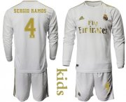 Wholesale Cheap Real Madrid #4 Sergio Ramos Home Long Sleeves Kid Soccer Club Jersey