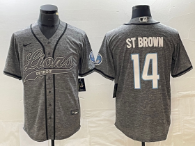 Men\'s Detroit Lions #14 Amon Ra St Brown Grey Gridiron With Patch Cool Base Stitched Baseball Jersey