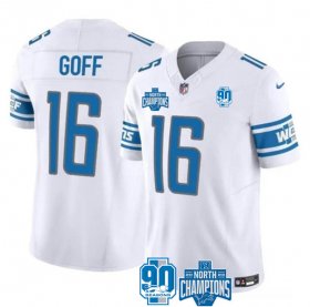 Cheap Men\'s Detroit Lions #16 Jared Goff White 2023 90th Anniversary North Division Champions Patch Limited Stitched Jersey