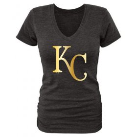 Wholesale Cheap Women\'s Kansas City Royals Gold Collection Tri-Blend V-Neck T-Shirt Black