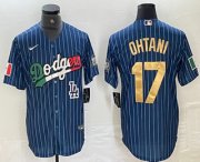Cheap Men's Los Angeles Dodgers #17 Shohei Ohtani Mexico Blue Gold Pinstripe Cool Base Stitched Jerseys