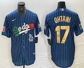 Cheap Men\'s Los Angeles Dodgers #17 Shohei Ohtani Mexico Blue Gold Pinstripe Cool Base Stitched Jerseys