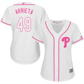 Wholesale Cheap Phillies #49 Jake Arrieta White/Pink Fashion Women\'s Stitched MLB Jersey
