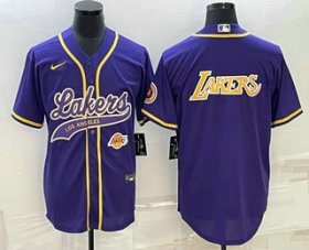 Cheap Men\'s Los Angeles Lakers Purple Big Logo With Patch Cool Base Stitched Baseball Jerseys