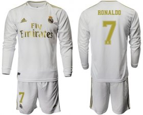 Wholesale Cheap Real Madrid #7 Ronaldo White Home Long Sleeves Soccer Club Jersey