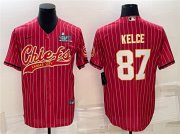 Wholesale Cheap Men's Kansas City Chiefs #87 Travis Kelce Red With Super Bowl LVII Patch Cool Base Stitched Baseball Jersey
