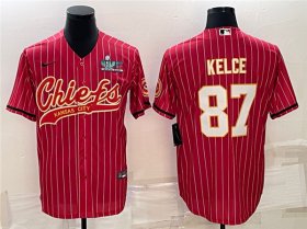 Wholesale Cheap Men\'s Kansas City Chiefs #87 Travis Kelce Red With Super Bowl LVII Patch Cool Base Stitched Baseball Jersey