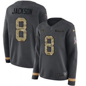 Wholesale Cheap Nike Ravens #8 Lamar Jackson Anthracite Salute to Service Women\'s Stitched NFL Limited Therma Long Sleeve Jersey