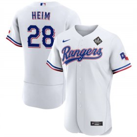 Men\'s Texas Rangers #28 Jonah Heim White 2023 World Series Flex Base Stitched Baseball Jersey