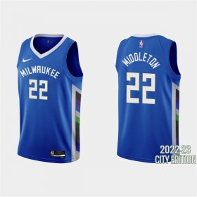 Wholesale Cheap Men\'s Milwaukee Bucks #22 Khris Middleton 2022-23 City Edition Blue Stitched Basketball Jersey