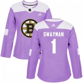Wholesale Cheap Women\'s Boston Bruins #1 Jeremy Swayman Adidas Authentic Fights Cancer Practice Jersey - Purple