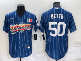 Wholesale Cheap Men\'s Los Angeles Dodgers #50 Mookie Betts Rainbow Blue Red Pinstripe Mexico Cool Base Nike Jersey