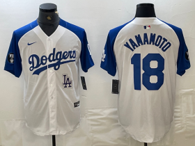 Cheap Men\'s Los Angeles Dodgers #18 Yoshinobu Yamamoto White Blue Fashion Stitched Cool Base Limited Jersey