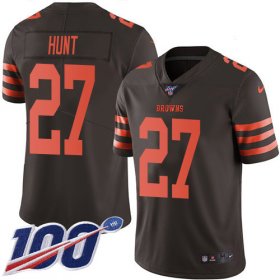 Wholesale Cheap Nike Browns #27 Kareem Hunt Brown Men\'s Stitched NFL Limited Rush 100th Season Jersey