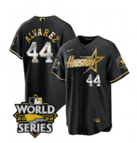 Wholesale Cheap Men\'s Houston Astros #44 Yordan Alvarez Black Gold 2022 World Series Stitched Baseball Jersey
