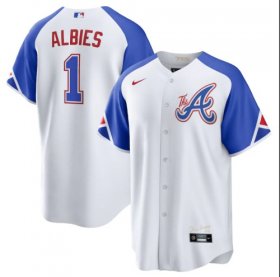 Cheap Men\'s Atlanta Braves #1 Ozzie Albies White 2023 City Connect Cool Base Stitched Baseball Jersey