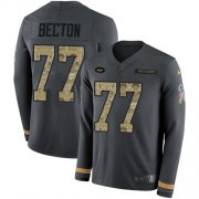 Wholesale Cheap Nike Jets #77 Mekhi Becton Anthracite Salute to Service Men's Stitched NFL Limited Therma Long Sleeve Jersey