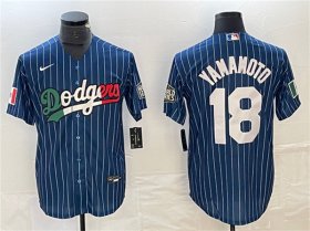 Cheap Men\'s Los Angeles Dodgers #18 Yoshinobu Yamamoto Navy Cool Base With Patch Stitched Baseball Jersey