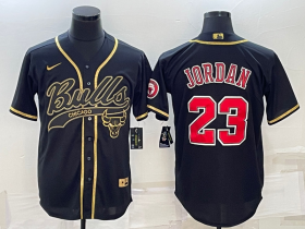 Wholesale Cheap Men\'s Chicago Bulls #23 Michael Jordan Black Gold With Patch Cool Base Stitched Baseball Jersey