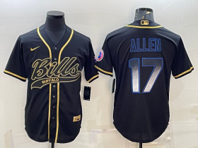 Wholesale Cheap Men\'s Buffalo Bills #17 Josh Allen Black Gold Vapor Smoke With Patch Cool Base Stitched Baseball Jersey