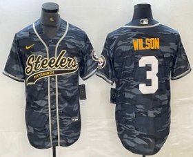 Cheap Men\'s Pittsburgh Steelers #3 Russell Wilson Camo With Patch Cool Base Stitched Baseball Jersey