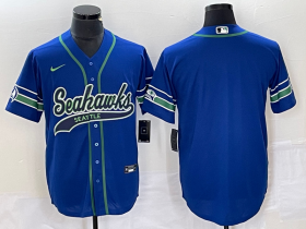 Wholesale Cheap Men\'s Seattle Seahawks Blank Blue With Patch Cool Base Stitched Baseball Jersey
